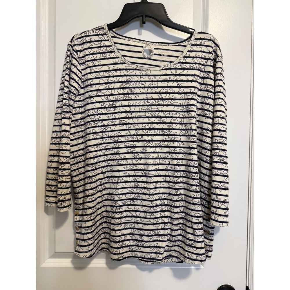 LL Bean Top Womens XL White Navy Stripe Floral Excellent 3/4 Sleeve Button Hem